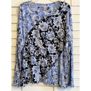 Chicos 3 Pretty Blue Floral Design Blouse Pull Over Top Long Sleeve 2 Tone Sz XL